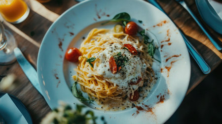 An enchanting aerial view of a beautifully plated Italian pasta dish, featuring fresh tomatoes, herbs, and a creamy sauce, perfect for culinary enthusiasts.の素材