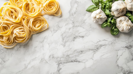 Discover an elegant composition of fresh pasta, garlic, and basil on a sleek marble surface, perfect for culinary presentations and gourmet recipes.の素材