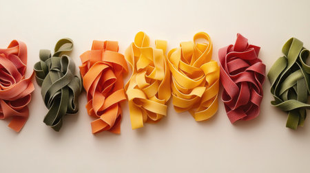 This artistic arrangement showcases colorful fresh pasta in vibrant shades. Perfect for culinary projects, food photography, and Italian cuisine inspirations.の素材