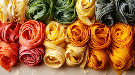 Discover a delightful and colorful arrangement of fresh pasta, showcasing vibrant hues and artistic design. Perfect for culinary inspiration and food photography.の素材