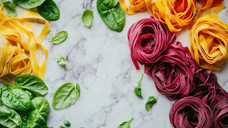 An overhead view of vibrant homemade pasta in various colors, beautifully arranged with fresh spinach leaves on a marble surface, ideal for culinary inspiration.の素材