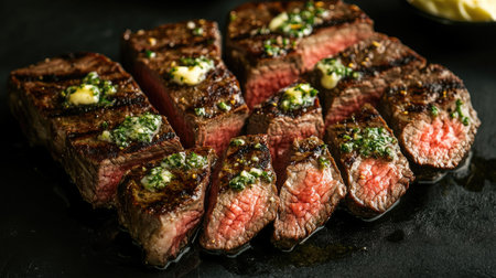 A beautifully plated sliced roasted porterhouse steak topped with herb butter, showcasing a deliciously juicy and tender meat that appeals to food lovers.の素材