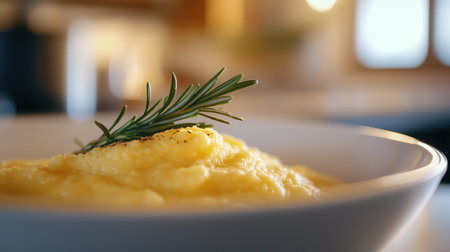 A close-up view of a creamy dish in a white bowl garnished with fresh rosemary, showcasing its smooth texture and inviting appearance, perfect for culinary presentations.の素材