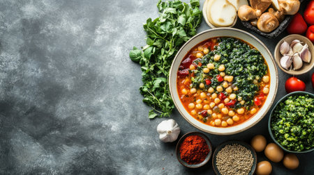 A vibrant bowl of ribollita soup surrounded by fresh ingredients on a rustic table. Perfect for showcasing seasonal cooking and healthy meal preparation.の素材