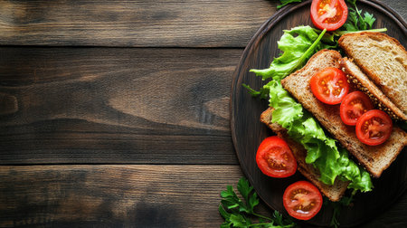 A top view of a delicious sandwich featuring fresh lettuce and ripe tomatoes on a rustic wooden table. Perfect for showcasing healthy, vibrant meals!の素材