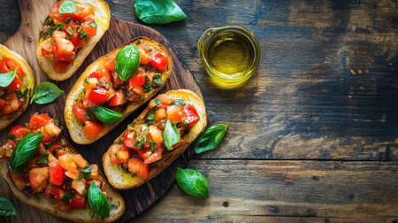 An overhead view showcasing beautifully arranged bruschetta with fresh ingredients. Perfect for appetizers or casual gatherings, this vibrant dish features crisp bread topped with tomatoes and basil.の素材