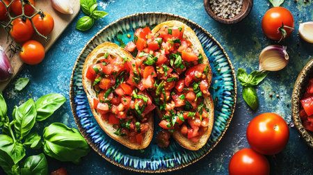 A vibrant plate featuring homemade tomato dish with fresh basil and onions. Perfect for food photography, showcasing healthy and colorful cuisine.の素材