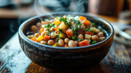 A steaming bowl of rich ribollita filled with fresh vegetables and beans, showcasing the vibrant colors and hearty textures ideal for a cozy meal.の素材