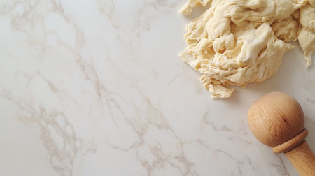 A close-up view of fresh pasta dough next to a rolling pin on a beautiful countertop. This image captures the essence of homemade cooking and baking.の素材