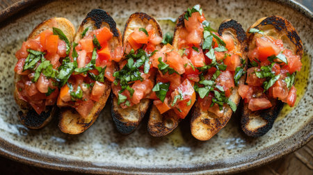This overhead image showcases a beautifully arranged plate of bruschetta topped with fresh tomatoes, herbs, and olive oil, perfect for any gourmet dining experience.の素材