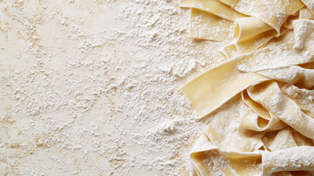 Freshly rolled pasta sheets spread out on a floured surface, ready for cooking. The texture and contrast highlight the art of handmade cuisine. Perfect for culinary projects.の素材
