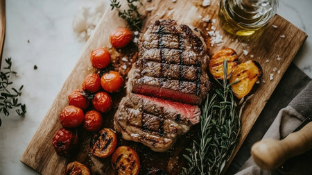 A top view of a perfectly grilled Bistecca Fiorentina steak with roasted tomatoes and fresh herbs, showcasing the art of cooking and vibrant presentation.の素材
