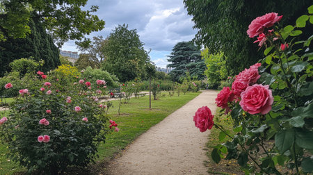 A stunning view of a garden filled with blooming roses, lush greenery, and a peaceful pathway, perfect for relaxation and appreciation of nature's beauty.の素材
