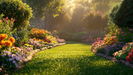 A stunning garden at sunrise, showcasing vibrant flowers and lush greenery. The peaceful atmosphere invites relaxation and admiration of nature's beauty.の素材