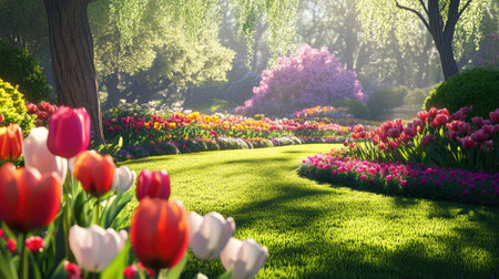 A stunning morning scene featuring a beautifully manicured garden filled with vibrant tulips and lush greenery, embodying the tranquility of nature.の素材