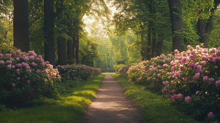 Experience the breathtaking beauty of springtime in a tranquil park in the Netherlands, featuring vibrant flowers and sunlit pathways surrounded by lush greenery.の素材