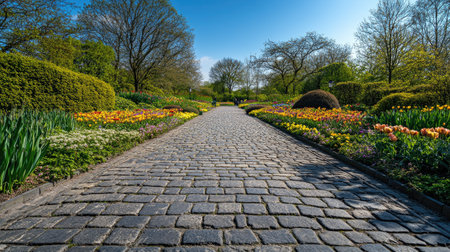 A captivating stone pathway leads through a vibrant garden filled with colorful flowers and lush greenery, ideal for nature lovers and tranquil escapes.の素材