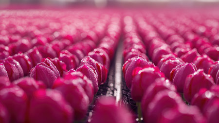 A stunning view of an expansive field of vibrant pink tulips, showcasing beauty and serenity in nature during the blooming season.の素材