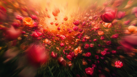 Experience the breathtaking sight of tulips swaying gently in the wind. This stunning image captures the beauty and vibrancy of spring flowers in a serene landscape.の素材