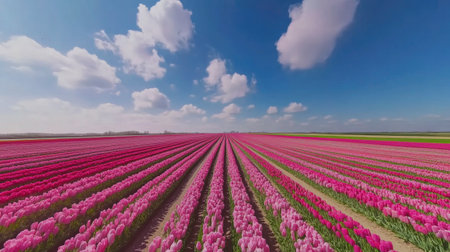 Experience the breathtaking view of vibrant pink tulips blooming in a picturesque landscape. This panoramic shot captures the essence of spring beauty.の素材