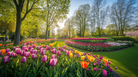 Experience the vibrant beauty of Keukenhof Garden in March, showcasing a breathtaking array of tulips and blooming flowers amid lush greenery.の素材