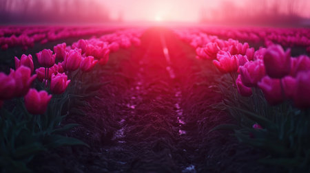 Experience the enchanting beauty of a pink tulip field at dawn, where vibrant flowers stretch across a serene landscape bathed in soft sunlight.の素材