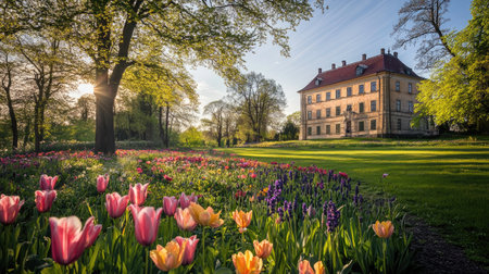 Experience a serene spring morning at Krapperups Slott, where colorful tulips bloom in a lush garden under warm sunlight, showcasing nature's beauty.の素材