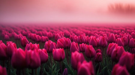 Experience the tranquil beauty of a vast pink tulip field at sunset, where vibrant flowers bloom under a soft mist, creating a serene landscape.の素材