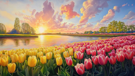 Experience the stunning beauty of tulip fields at Keukenhof Gardens, featuring vibrant flowers under a breathtaking sunset sky by a serene river.の素材