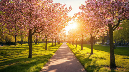 Experience the beauty of springtime in a Dutch park with vibrant cherry blossoms lining a sunny path, creating a picturesque and serene landscape.の素材