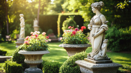 A picturesque garden showcasing decorative statues amidst vibrant flowers, basking in sunlight. This serene outdoor scene embodies natural beauty and tranquility.の素材