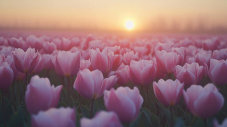 Experience the breathtaking beauty of blooming pink tulips in a serene Florida field during sunrise. A perfect spring moment filled with nature's vibrancy.の素材