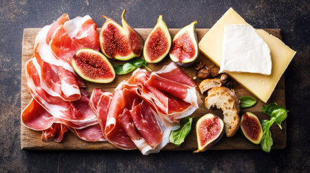 An elegant arrangement of thin slices of prosciutto paired with fresh figs, cheese, and bread. Perfect for gourmet appetizers or charcuterie boards.の素材
