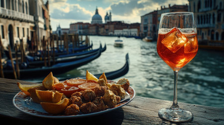 Enjoy a vibrant plate of fresh snacks alongside a refreshing cocktail, set against the stunning backdrop of Veniceの素材