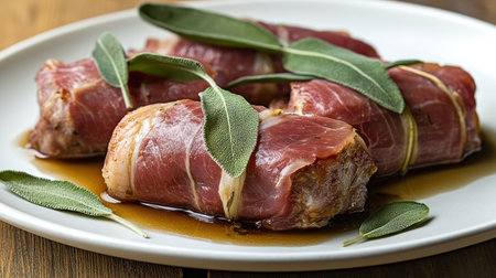 Experience the rich flavors of Saltimbocca alla Romana on a stylish plate, beautifully presented with fresh sage for an exquisite dining experience.の素材