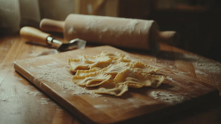 A close-up view of freshly made ravioli on a wooden cutting board, showcasing the textures and homemade charm in a warm kitchen setting. Perfect for food lovers.の素材