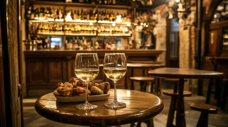 Experience a cozy Venetian snack bar featuring elegant wine selection and delectable treats. An inviting atmosphere perfect for relaxation and socializing.の素材