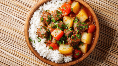 Indulge in a bowl of hearty beef stew served over rice, featuring vibrant vegetables and fresh parsley, perfect for a cozy meal. A flavorful dish!の素材