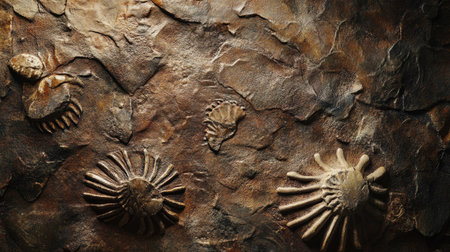 A close-up view of fossil impressions on a rock surface, showcasing unique textures and natural formations. Perfect for geological themes and historical contexts.の素材