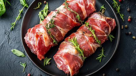 A beautifully composed overhead shot of fresh saltimbocca, wrapped in herbs and spices, showcasing a vibrant and appetizing presentation for culinary enthusiasts.の素材