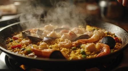 A vibrant seafood paella featuring shrimp and mussels, cooked to perfection in a traditional pan. The steam rises while showcasing fresh ingredients.の素材