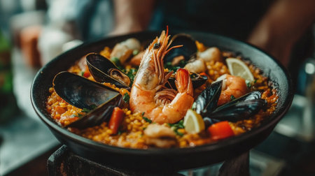 A stunning seafood dish featuring shrimp and mussels, beautifully presented in a dark serving platter. Ideal for showcasing culinary artistry and seafood cuisine.の素材