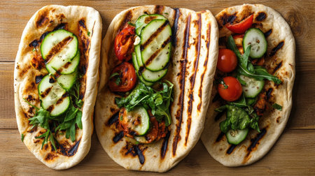 A vibrant display of grilled flatbreads filled with fresh vegetables like cucumbers, tomatoes, and greens. Perfect for a summer meal or picnic.の素材
