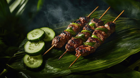 Juicy grilled skewers featuring tender meat and vibrant vegetables rest on a large leaf, accompanied by fresh cucumber slices, creating an appetizing display.の素材