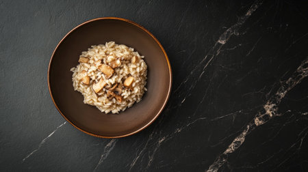 An enticing overhead shot of creamy mushroom risotto served in a round wooden bowl, featuring a rich texture and warm colors, ideal for food lovers.の素材