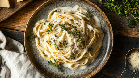 Indulge in this creamy fettuccine Alfredo garnished with fresh herbs. Perfect for a comforting meal, it represents classic Italian cuisine at its best.の素材