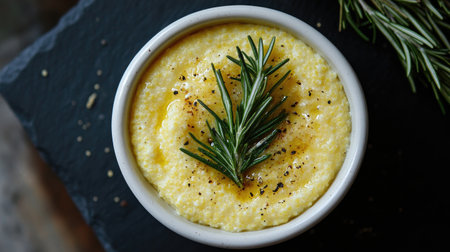 Indulge in a close-up of creamy polenta garnished with fresh rosemary, showcasing its rich texture and inviting colors that enhance any dish.の素材