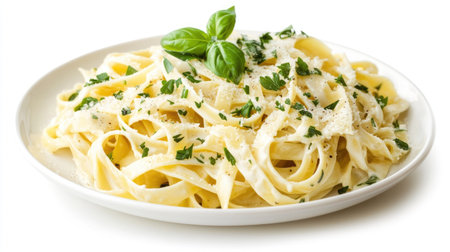 Indulge in a creamy Alfredo fettuccine dish, garnished with fresh basil and herbs, perfect for a delectable Italian meal or culinary experience.の素材