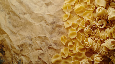 A close-up of fresh pasta in various shapes displayed on a rustic background. This image captures the texture and detail of different pasta types, ideal for culinary content.の素材