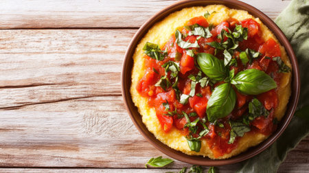 A mouthwatering bowl of creamy polenta topped with a fresh tomato sauce and basil, perfect for a cozy meal or gathering. Enjoy the vibrant flavors!の素材